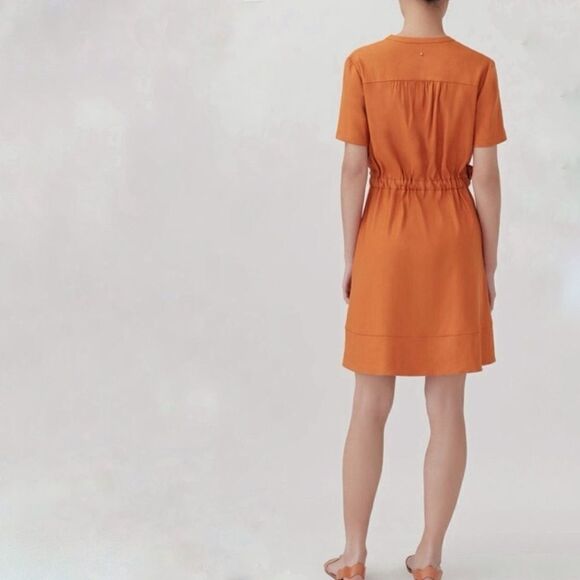Cuyana Burnt Orange Linen Blend Short Sleeve V-Neck Shirt Dress - Picture 3 of 8